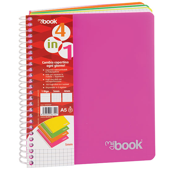 Quaderno spirale con fori A4 maxi con copertina 4 in 1 intercambiabile 1 rigo - Cartoarte Quaderno spirale con fori A4 maxi con copertina 4 in 1 intercambiabile 1 rigo - Cartoarte