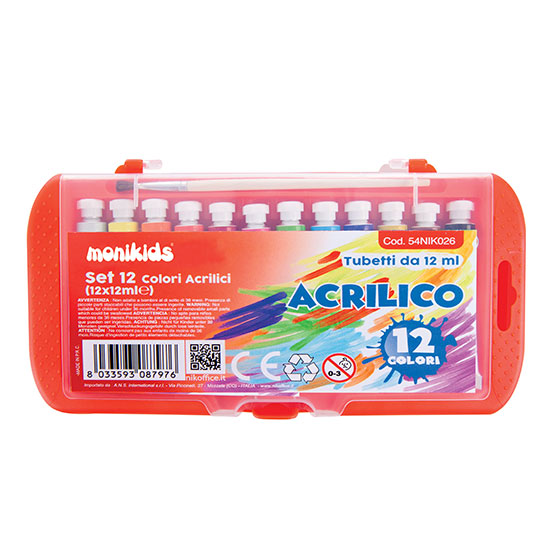 Tempera acrilica 12 colori tubetto 12 ml in astuccio con pennello - Cartoarte Tempera acrilica 12 colori tubetto 12 ml in astuccio con pennello - Cartoarte