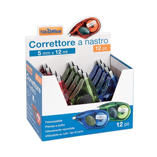 Correttore a nastro mm.5x12 mt. in conf.da 12 pezzi - Cartoarte Correttore a nastro mm.5x12 mt. in conf.da 12 pezzi - Cartoarte